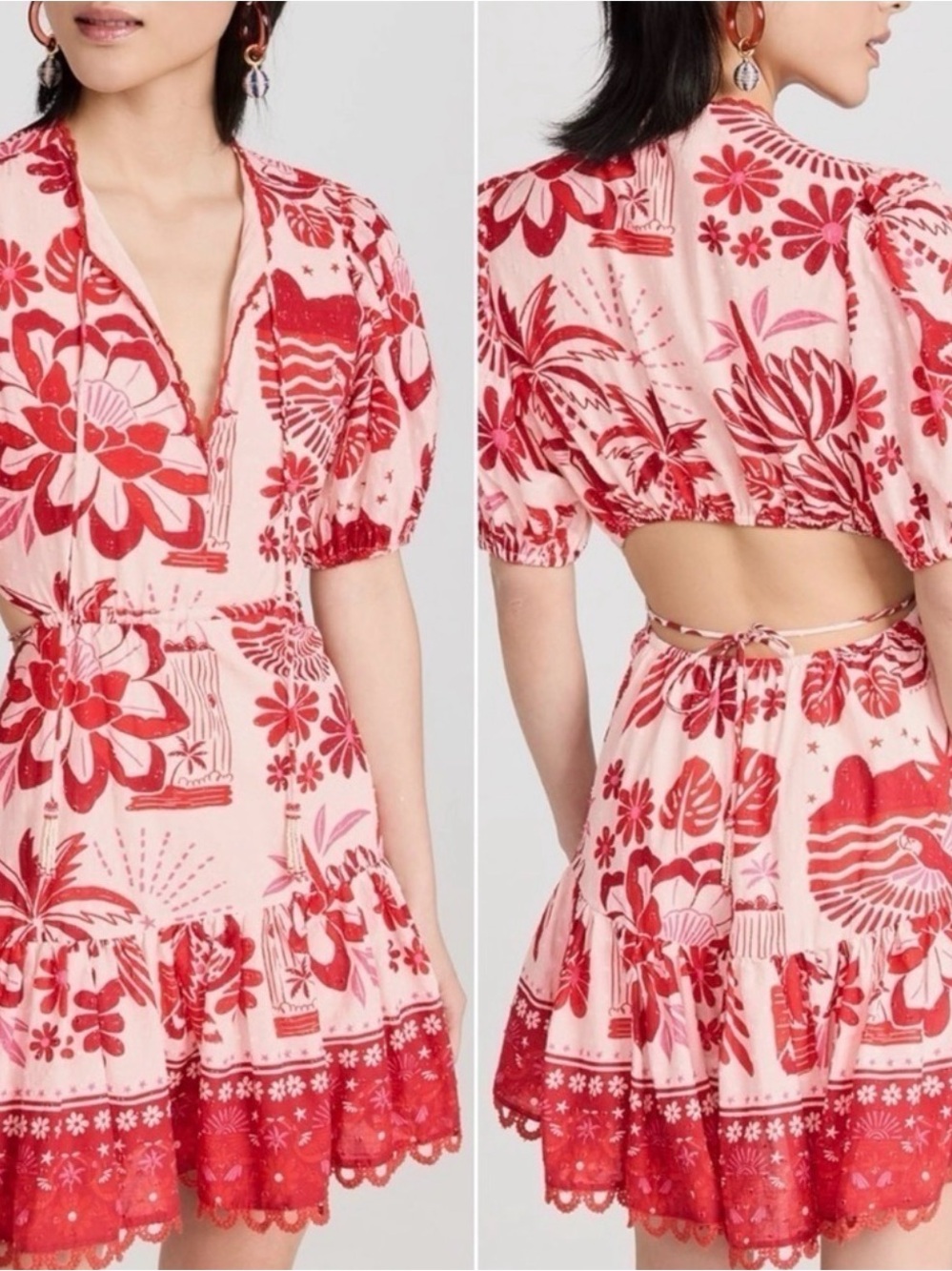 FARM Rio Red Pink Tropical Open Back Puff Sleeve Mini Dress M - Picture 3 of 12